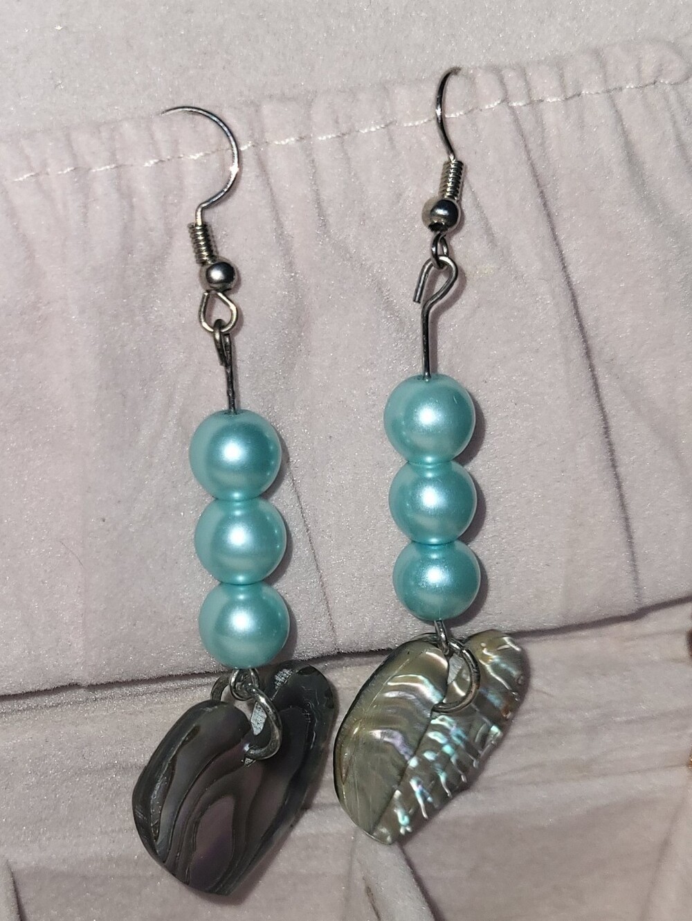 Heart Shape Abalone Shell Light Blue Pearl Dangle Earrings Coastal Boho Handmade